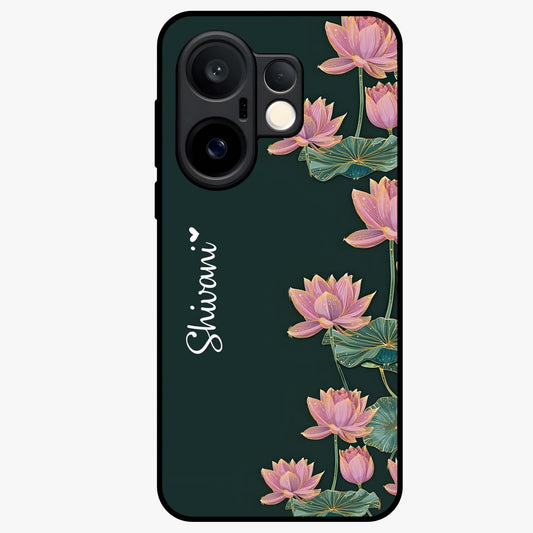Lotus Bloom Serenity Custom Name Glass Case showing flat back view with elegant lotus flower artwork and personalized name design.