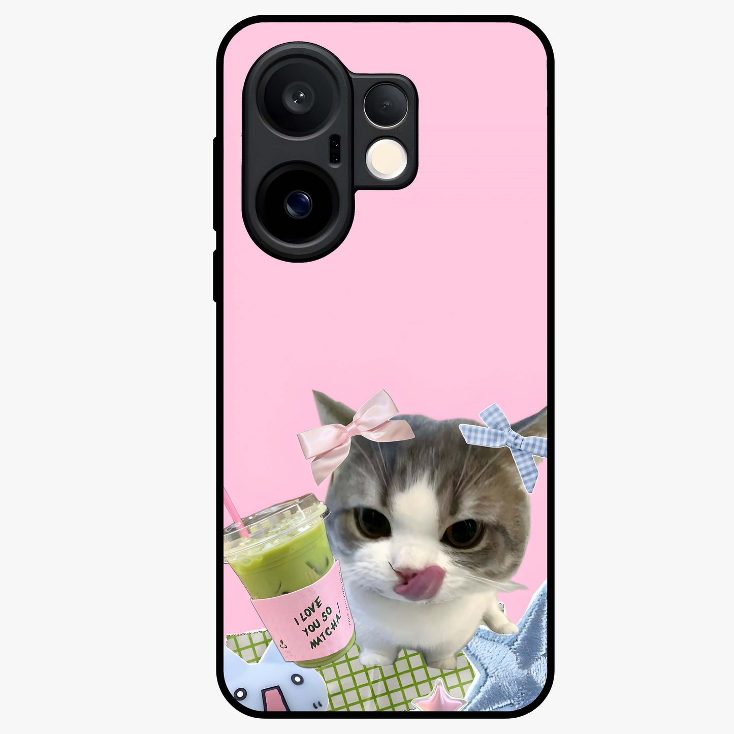 Love Matcha Cat Glass Case showing flat back view with cute cat and matcha themed artwork and glossy glass finish.
