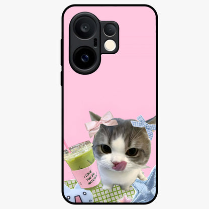 Love Matcha Cat Glass Case showing flat back view with cute cat and matcha themed artwork and glossy glass finish.