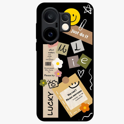 Lucky Aesthetic Collage Glass Case showing flat back view with trendy aesthetic collage artwork and glossy glass finish.