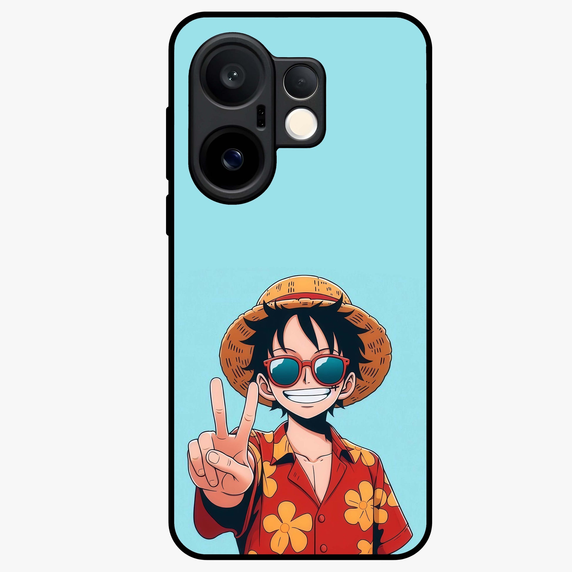 Luffy Summer Anime Vibe Glass Case showing flat back view with vibrant anime character artwork and glossy glass finish.