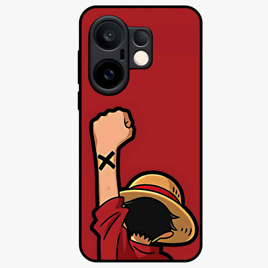 Luffy X Spirit Glass Case showing flat back view with bold anime character artwork and glossy glass finish.