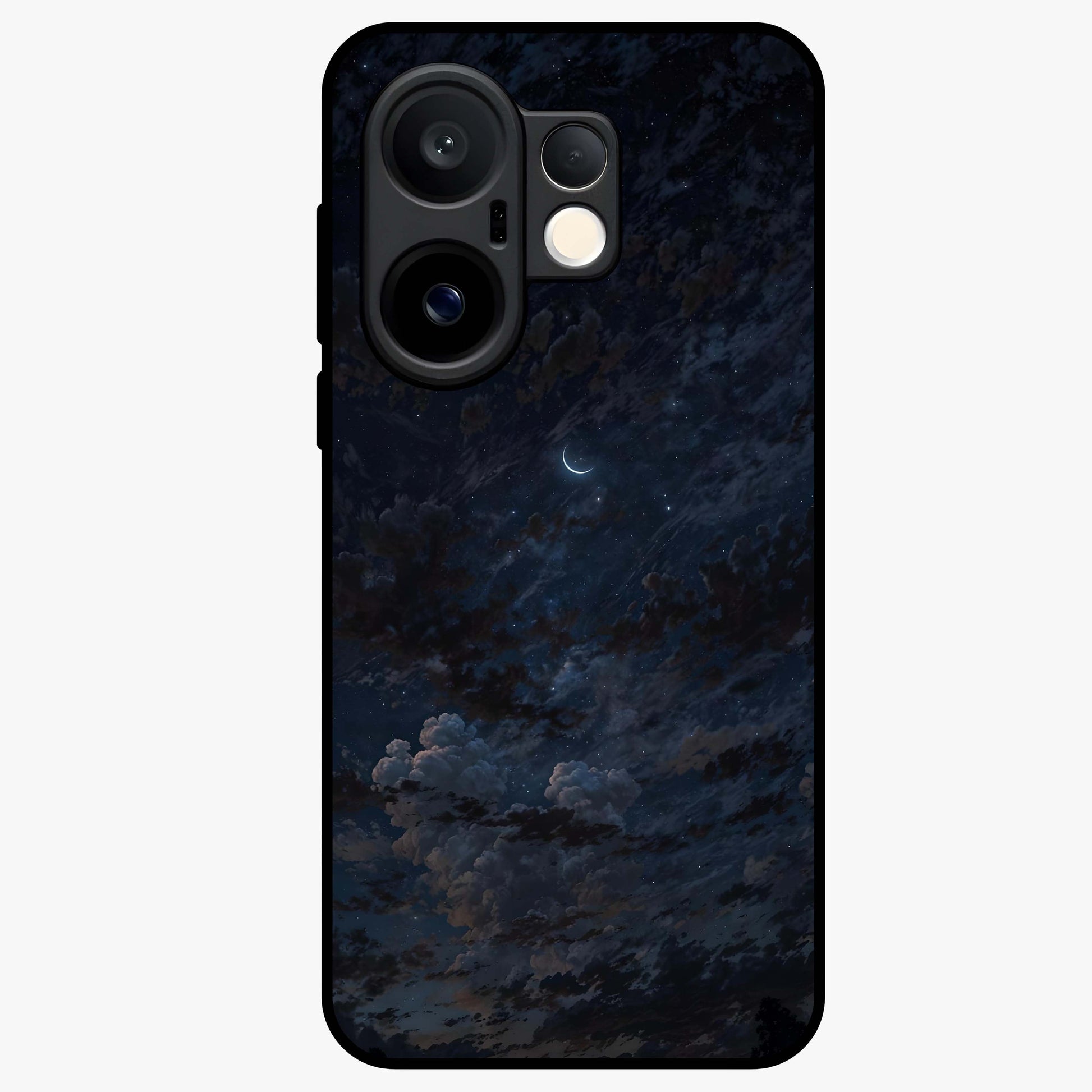 Lunar Veil Silence Glass Case showing flat back view with mystical moon veil artwork and glossy glass finish.