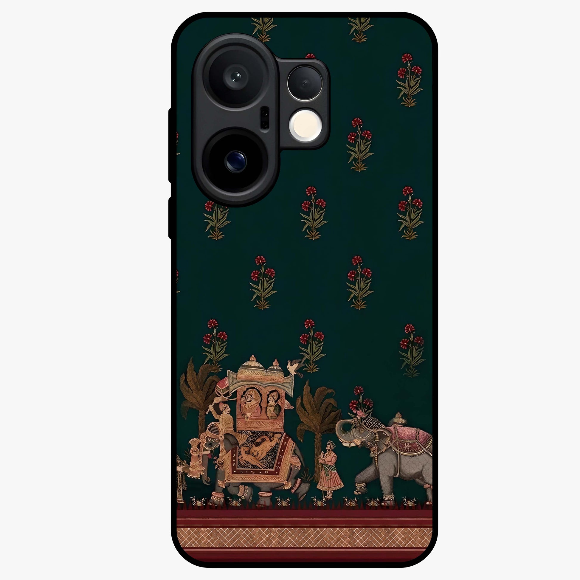 Macmerise Glass Case showing flat back view with stylish modern artwork and glossy glass finish.