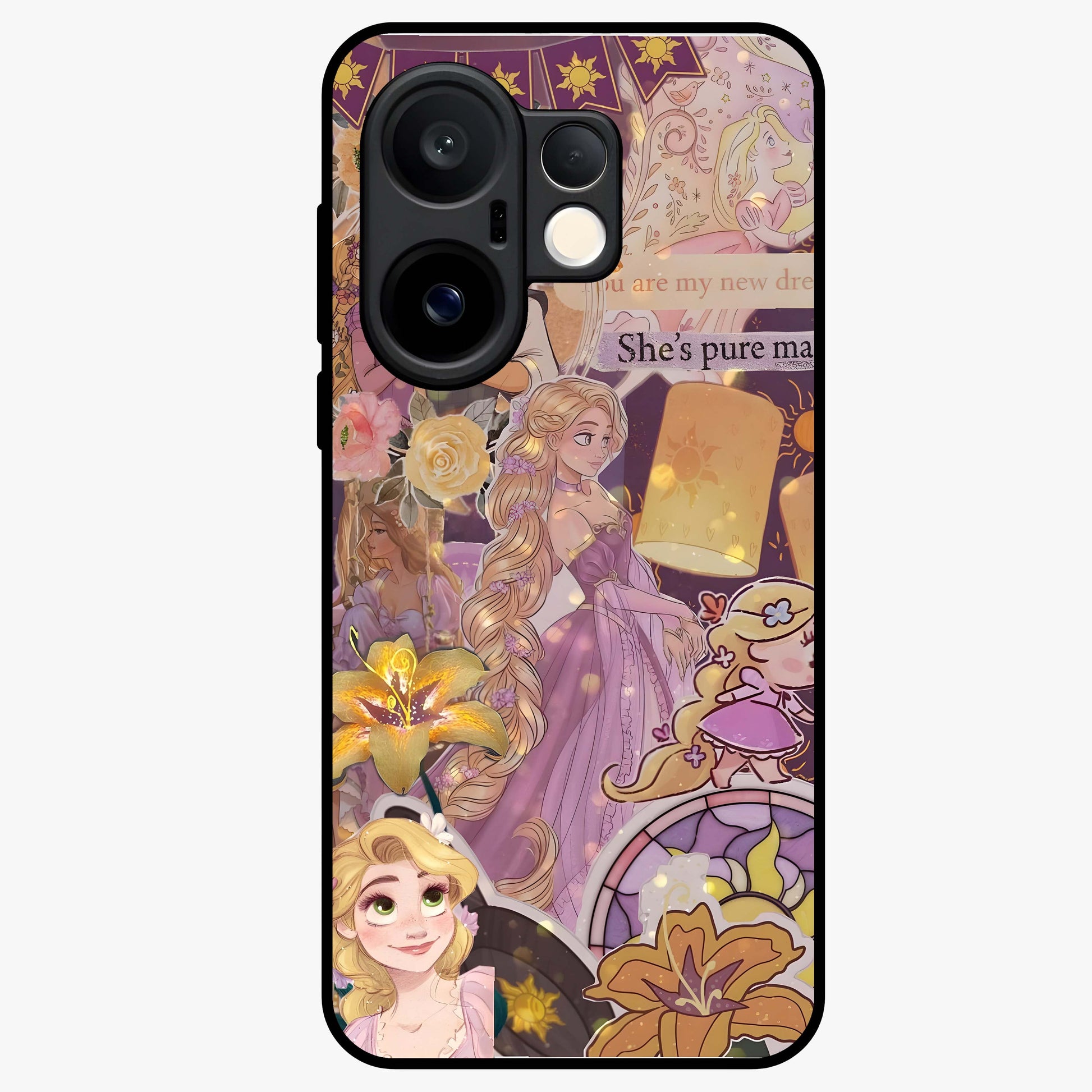 Magical Tangled Dream Glass Case showing flat back view with dreamy tangled artwork and glossy glass finish.