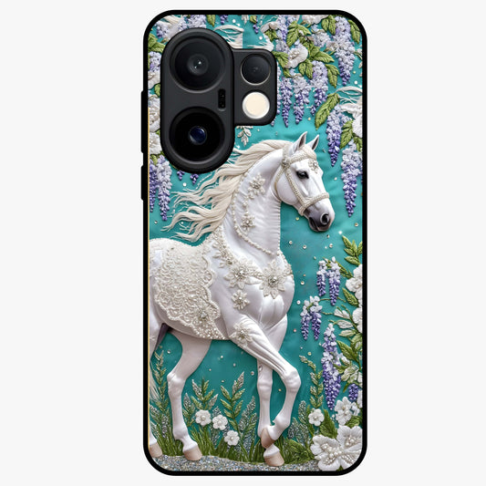 Majestic Floral Stallion Glass Case showing flat back view with powerful horse and floral artwork and glossy glass finish.