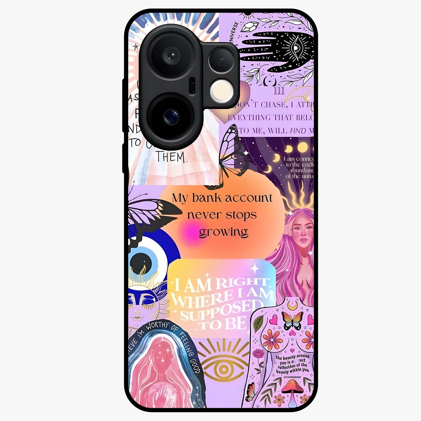 Manifestation Collage Glass Case showing flat back view with motivational collage artwork and glossy glass finish.