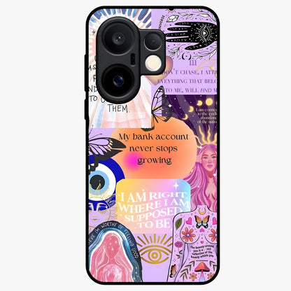 Manifestation Collage Glass Case showing flat back view with motivational collage artwork and glossy glass finish.