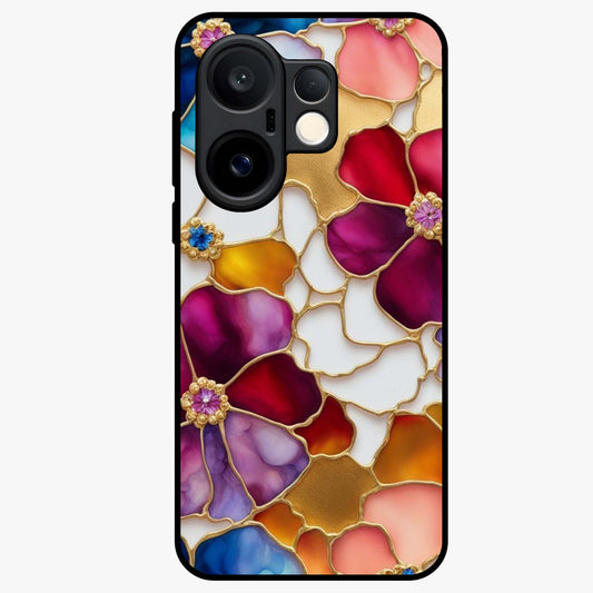 Marble Flower Pattern Glass Case showing flat back view with marble texture floral artwork and glossy glass finish.