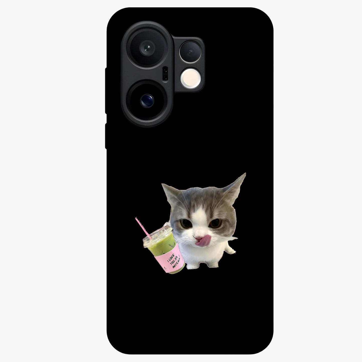 Matcha Cat Style Glass Case showing flat back view with cute matcha themed cat artwork and glossy glass finish.