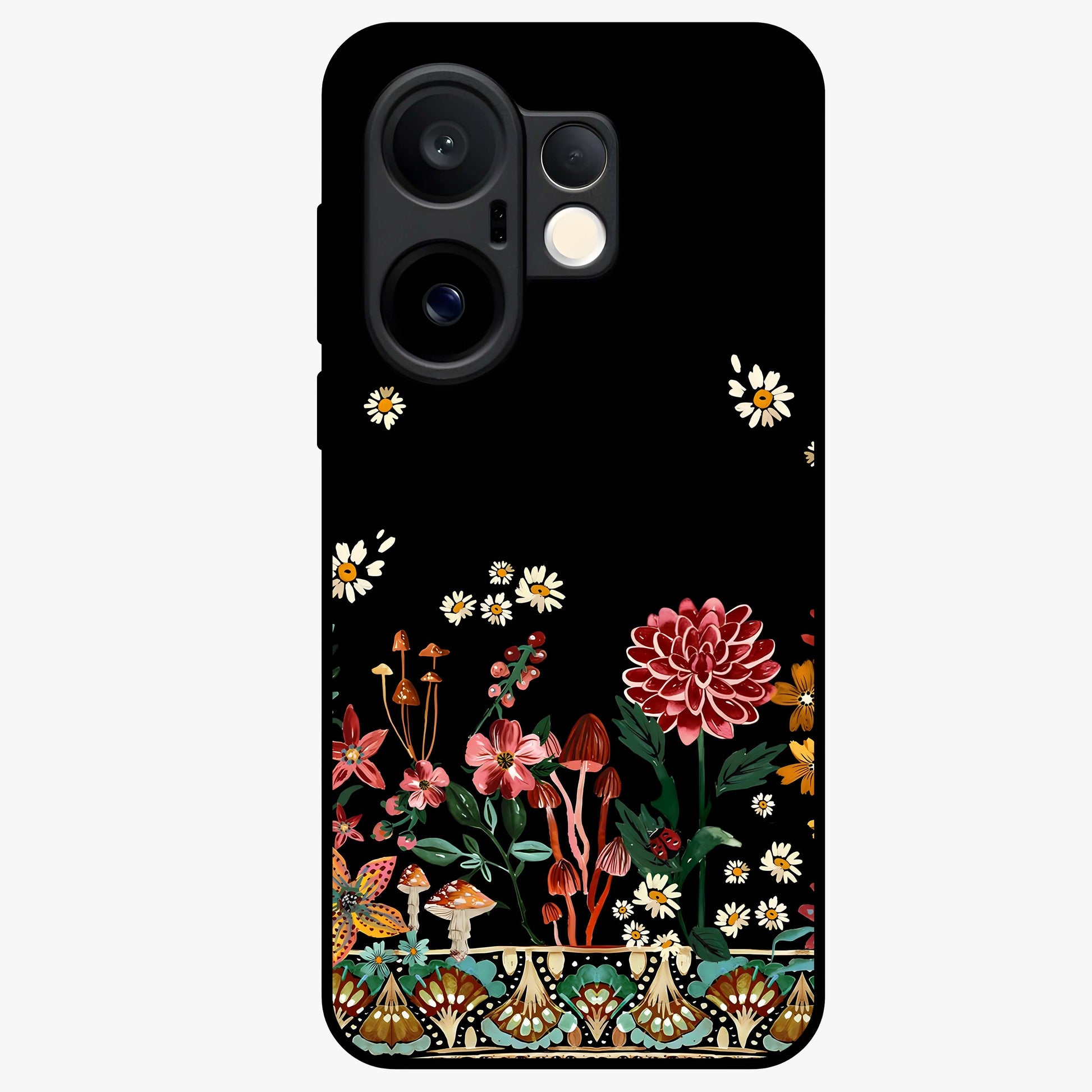 Midnight Bloom Pattern Glass Case showing flat back view with dark floral pattern artwork and glossy glass finish.