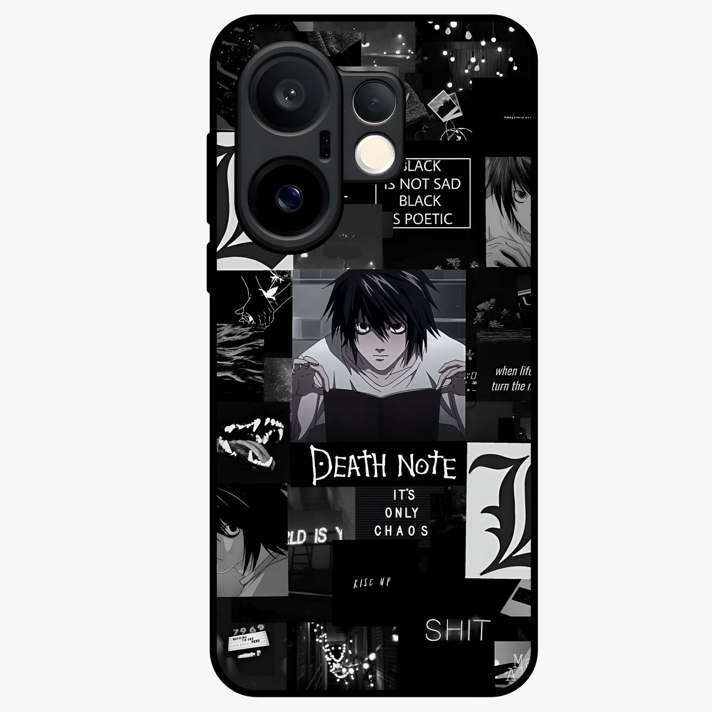 Midnight Chaos Mind Glass Case showing flat back view with abstract dark themed artwork and glossy glass finish.