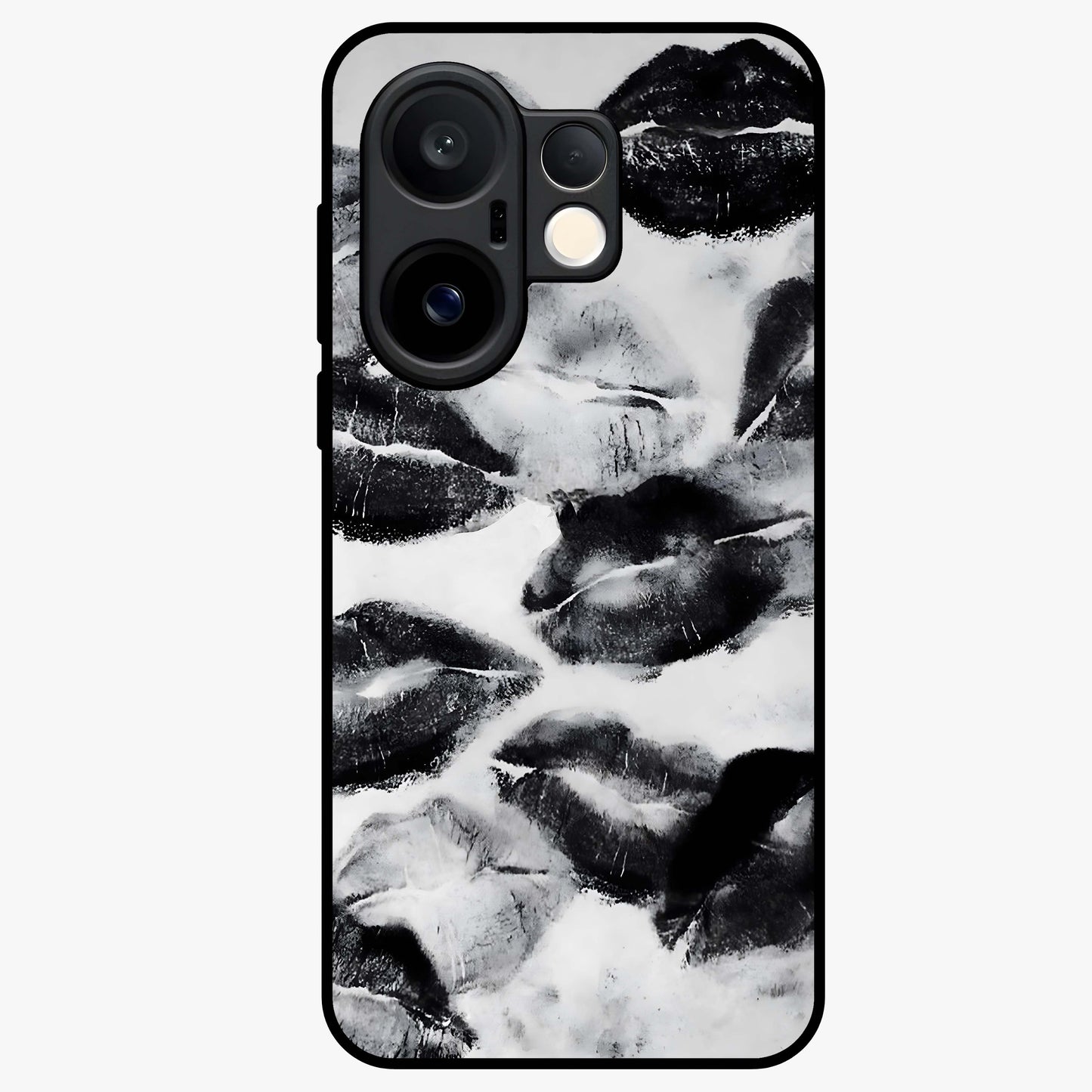 Midnight Kiss Marks Glass Case showing flat back view with lipstick kiss mark artwork and glossy glass finish.