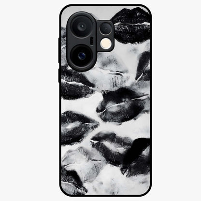 Midnight Kiss Marks Glass Case showing flat back view with lipstick kiss mark artwork and glossy glass finish.