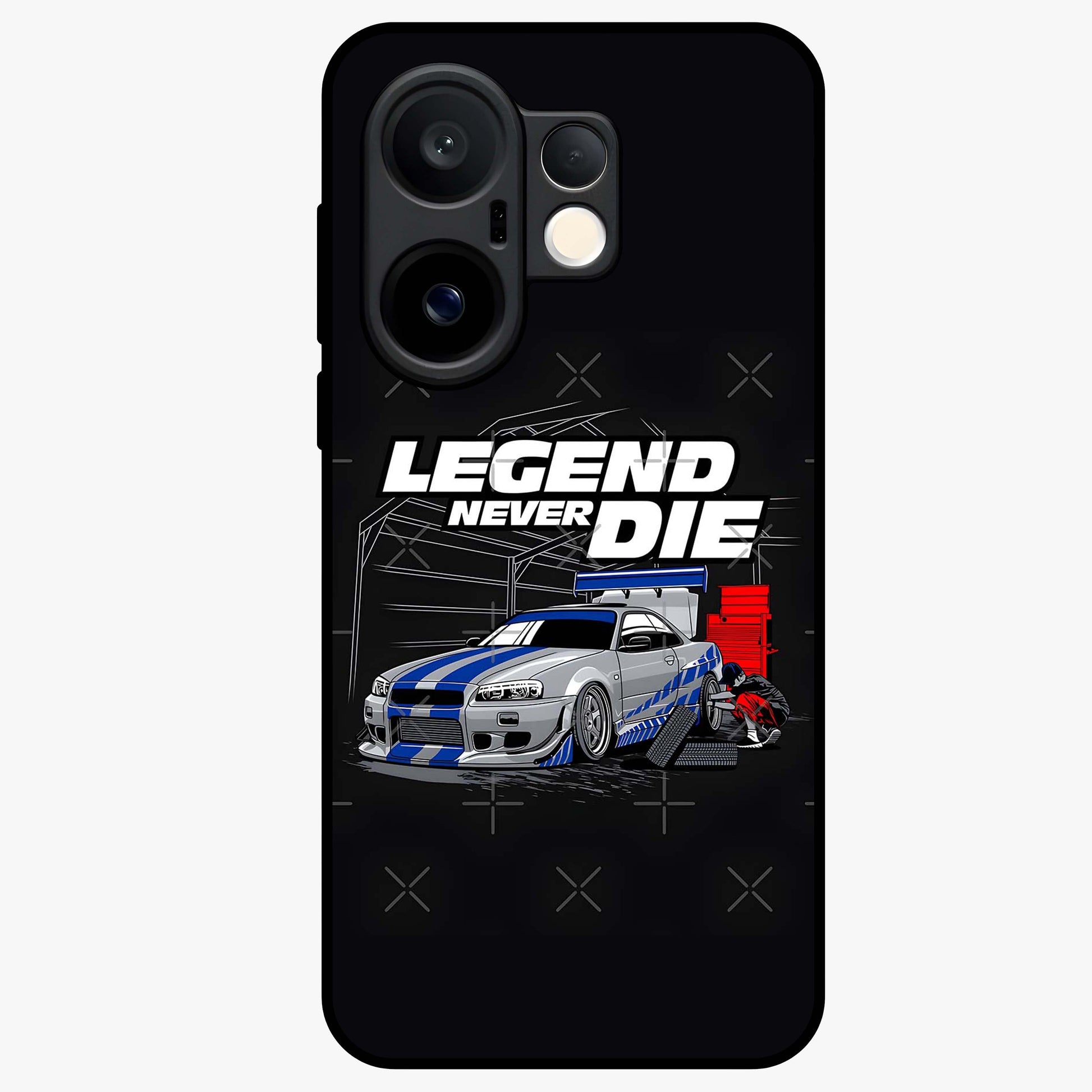 Midnight Racing Legacy Glass Case showing flat back view with sleek racing inspired artwork and glossy glass finish.