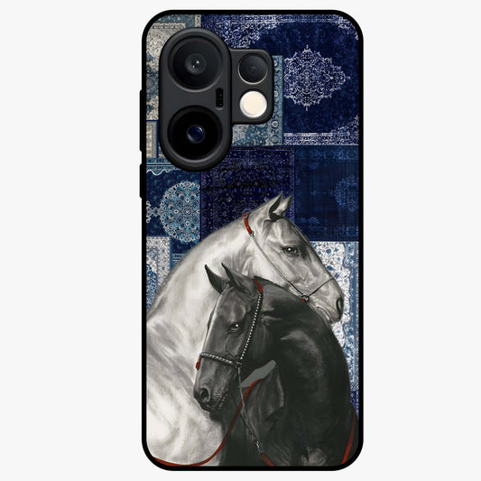 Midnight Stallion Blues Glass Case showing flat back view with majestic horse artwork and glossy glass finish.