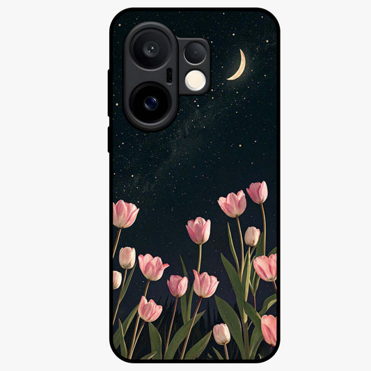 Midnight Tulip Whispers Vibe Glass Case showing flat back view with elegant tulip flower artwork and glossy glass finish.