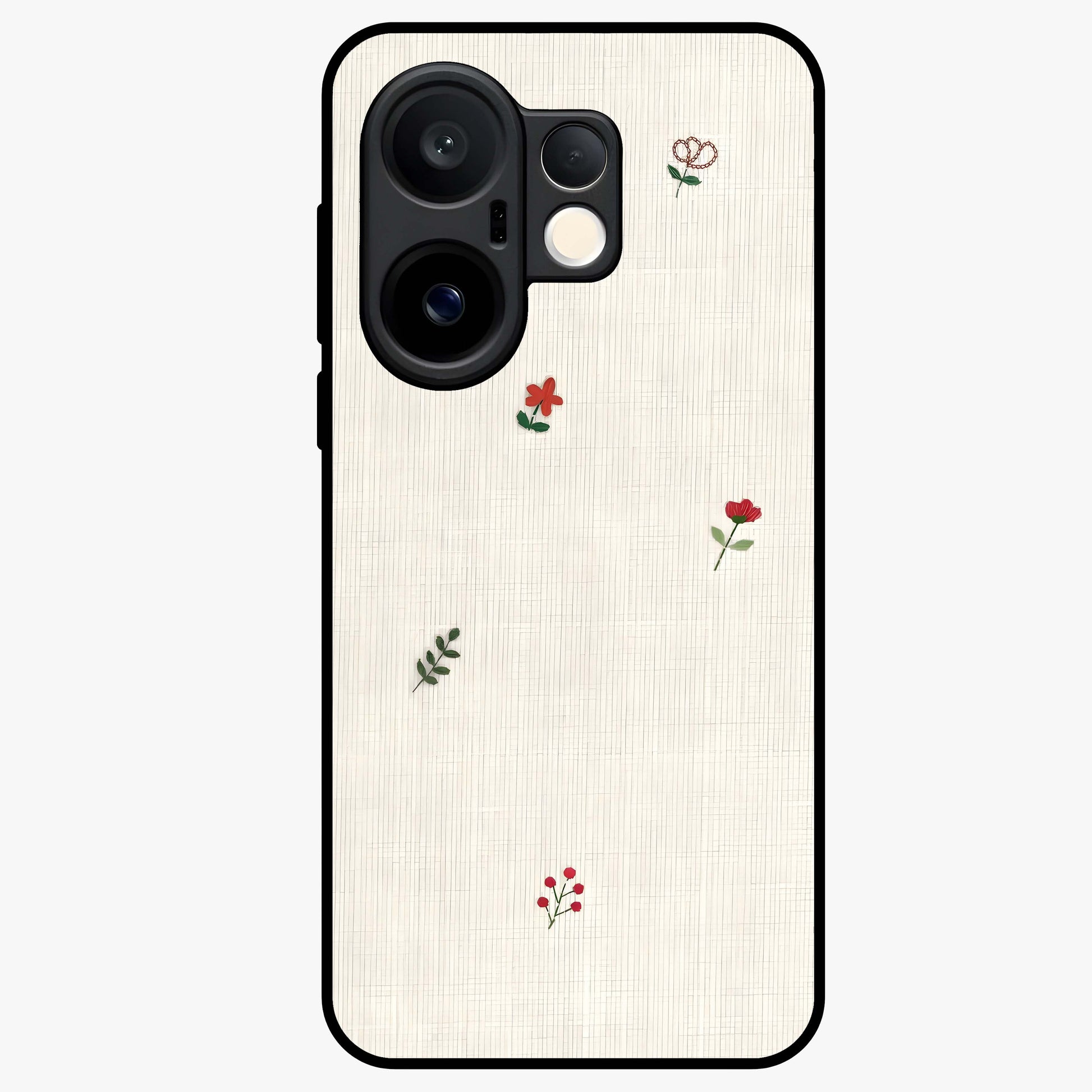 Minimal Petal Whispers Glass Case showing flat back view with soft minimal floral artwork and glossy glass finish.