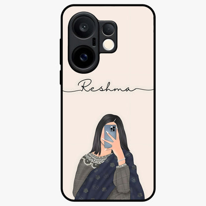 Mirror Mood Muse With Custom Name Glass Case showing flat back view with stylish mirrored artwork and personalized name design.
