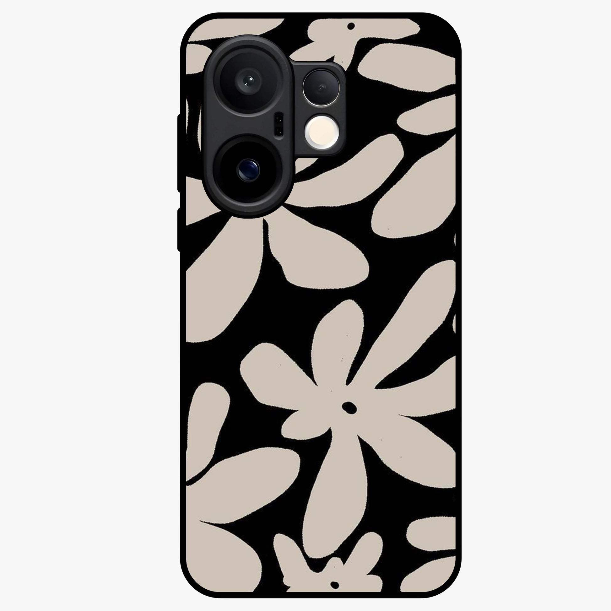 Monochrome Petal Dance Glass Case showing flat back view with monochrome floral artwork and glossy glass finish.