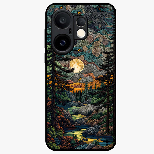 Moonlight Forest Dream Glass Case showing flat back view with mystical forest moonlight artwork and glossy glass finish.
