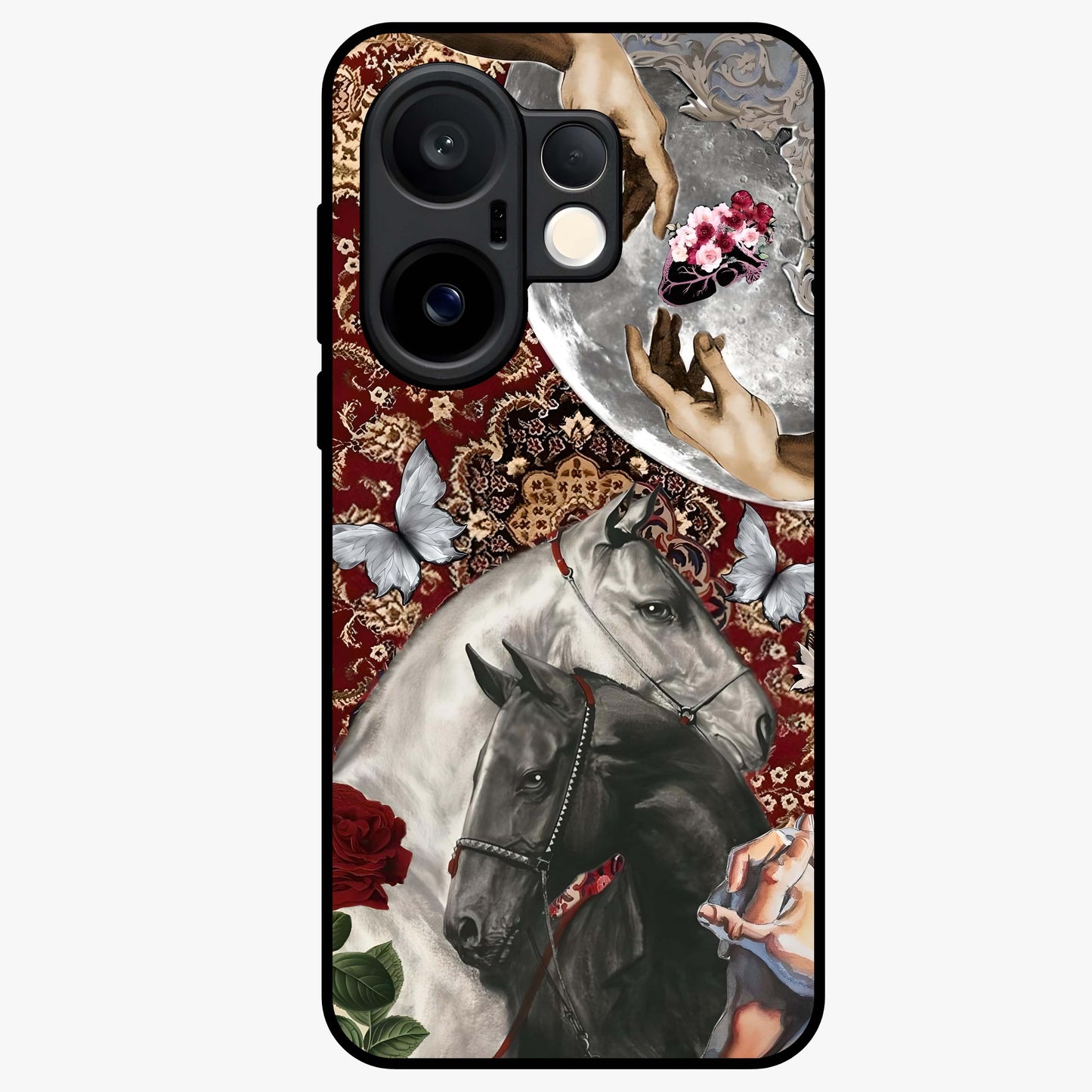 Moonlit Royal Stallion Glass Case showing flat back view with majestic horse under moonlight artwork and glossy glass finish.