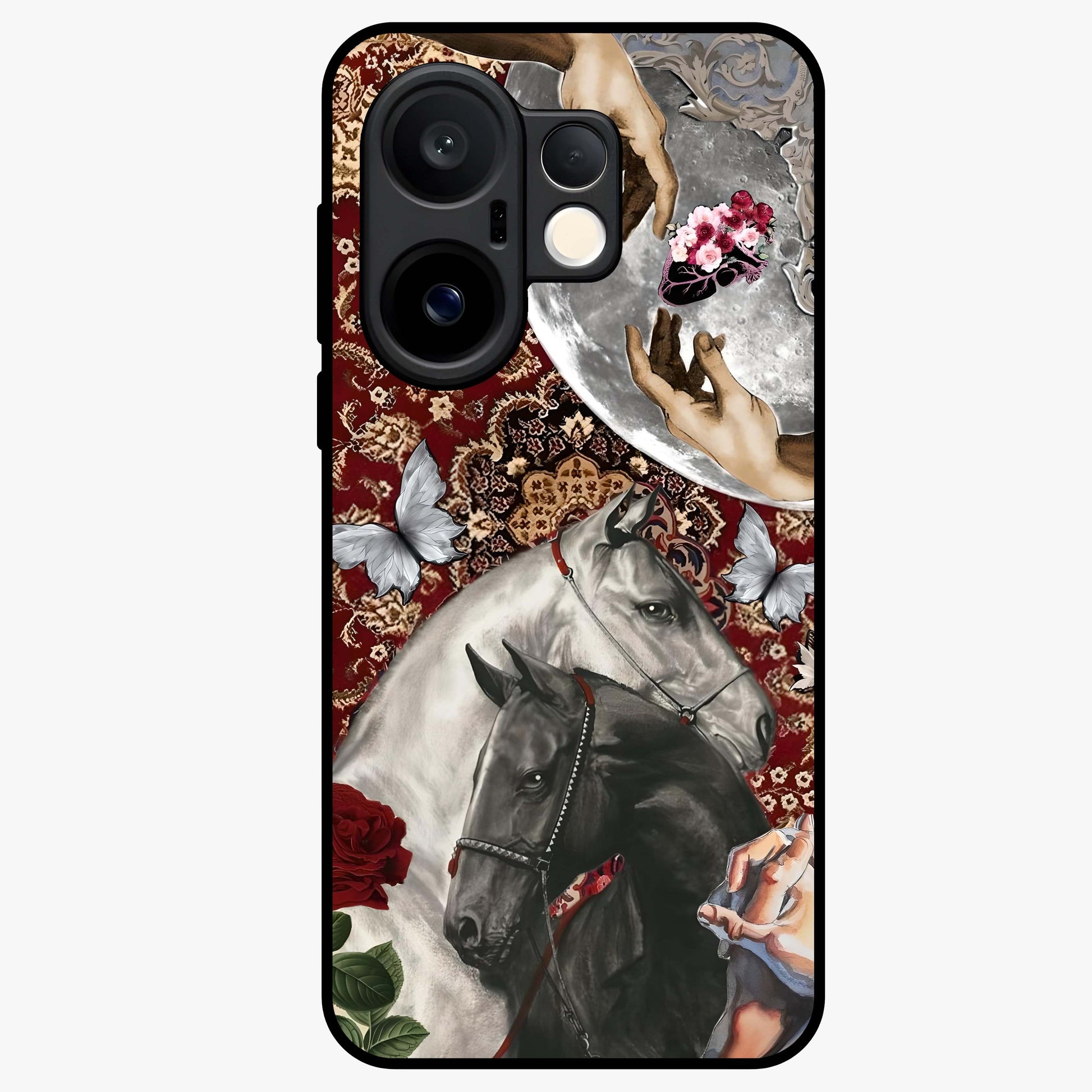 Moonlit Royal Stallion Glass Case showing flat back view with majestic horse under moonlight artwork and glossy glass finish.