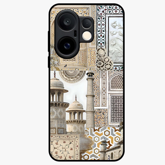 Mughal Marble Legacy Glass Case showing flat back view with intricate Mughal inspired marble pattern and glossy glass finish.