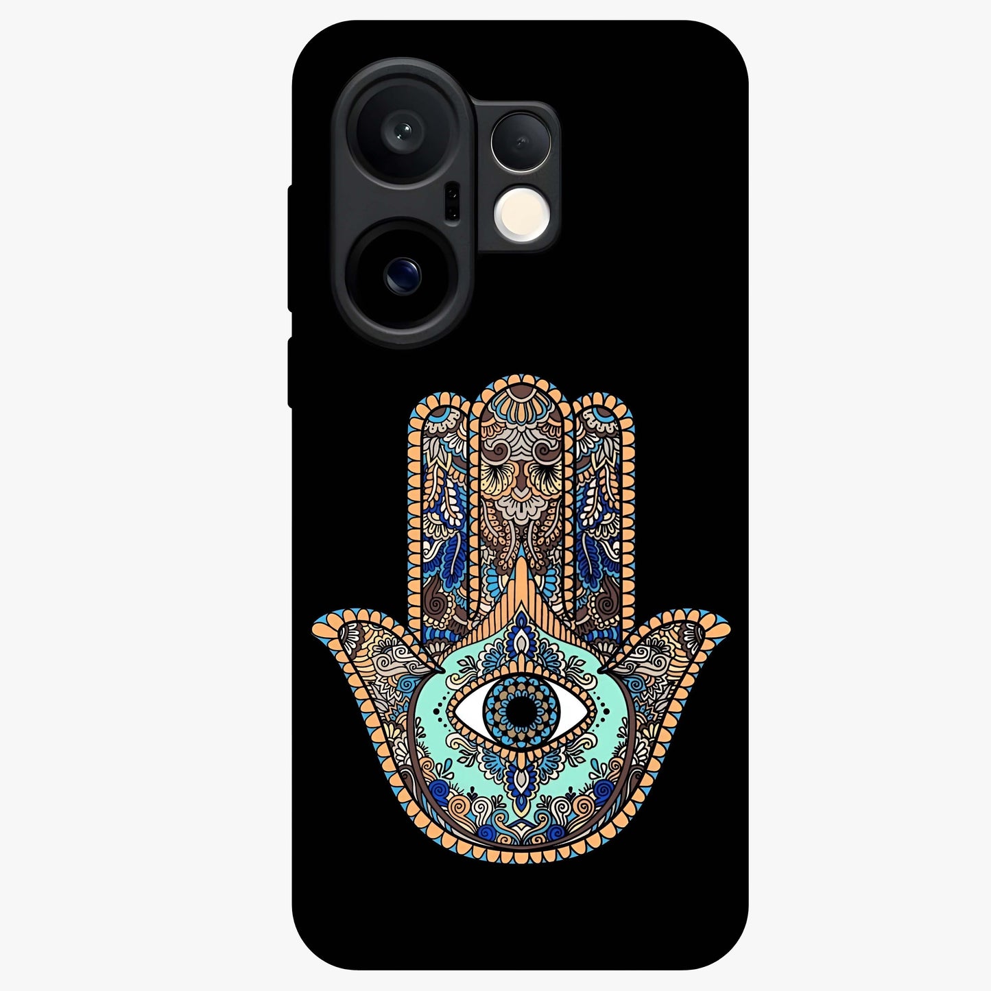 Mystic Hamsa Eye Glass Case showing flat back view with protective hamsa hand and evil eye artwork and glossy glass finish.