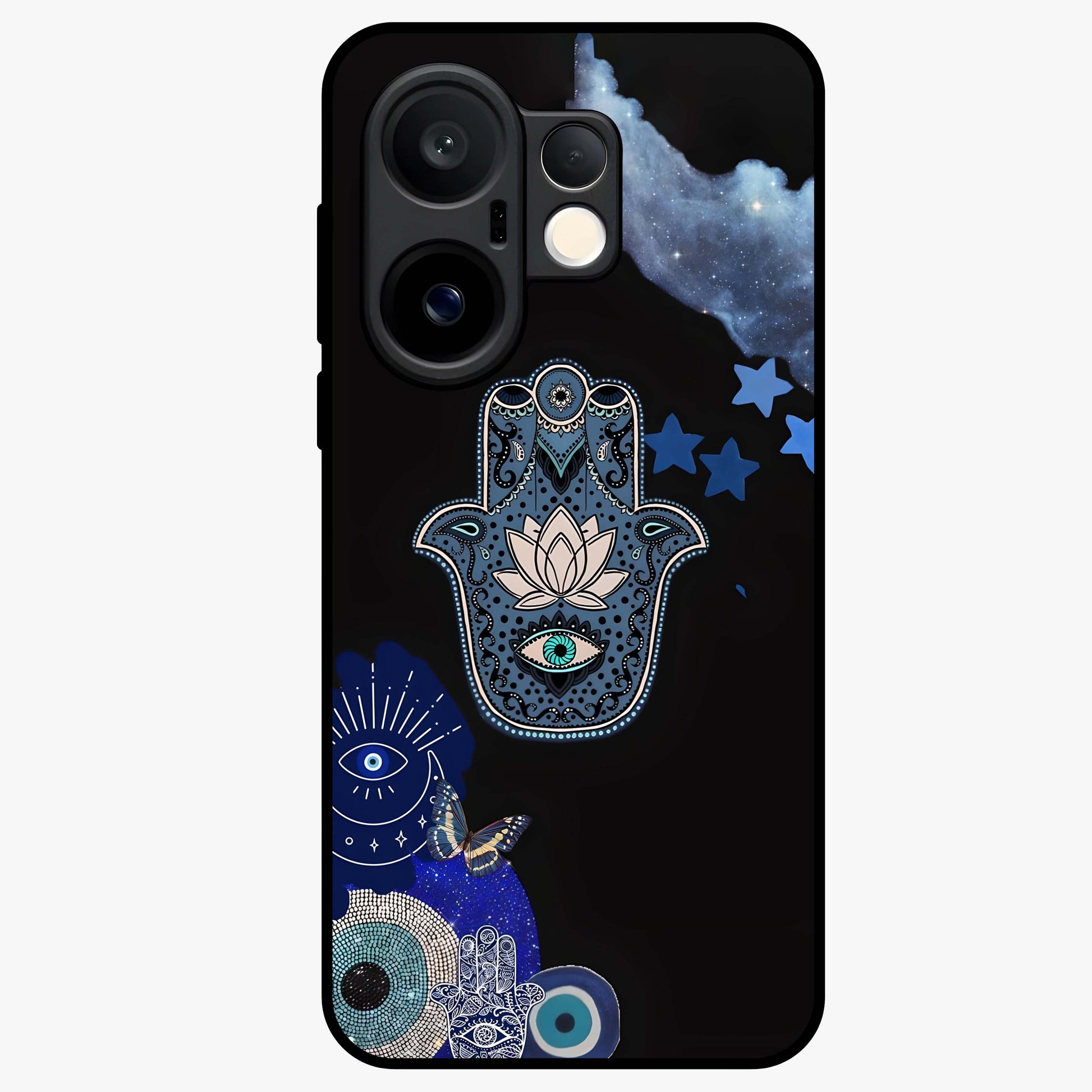 Mystic Hand Aura Glass Case showing flat back view with mystical hand symbol artwork and glossy glass finish.