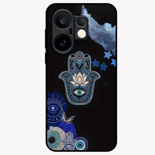 Mystic Hand Aura Glass Case showing flat back view with mystical hand symbol artwork and glossy glass finish.
