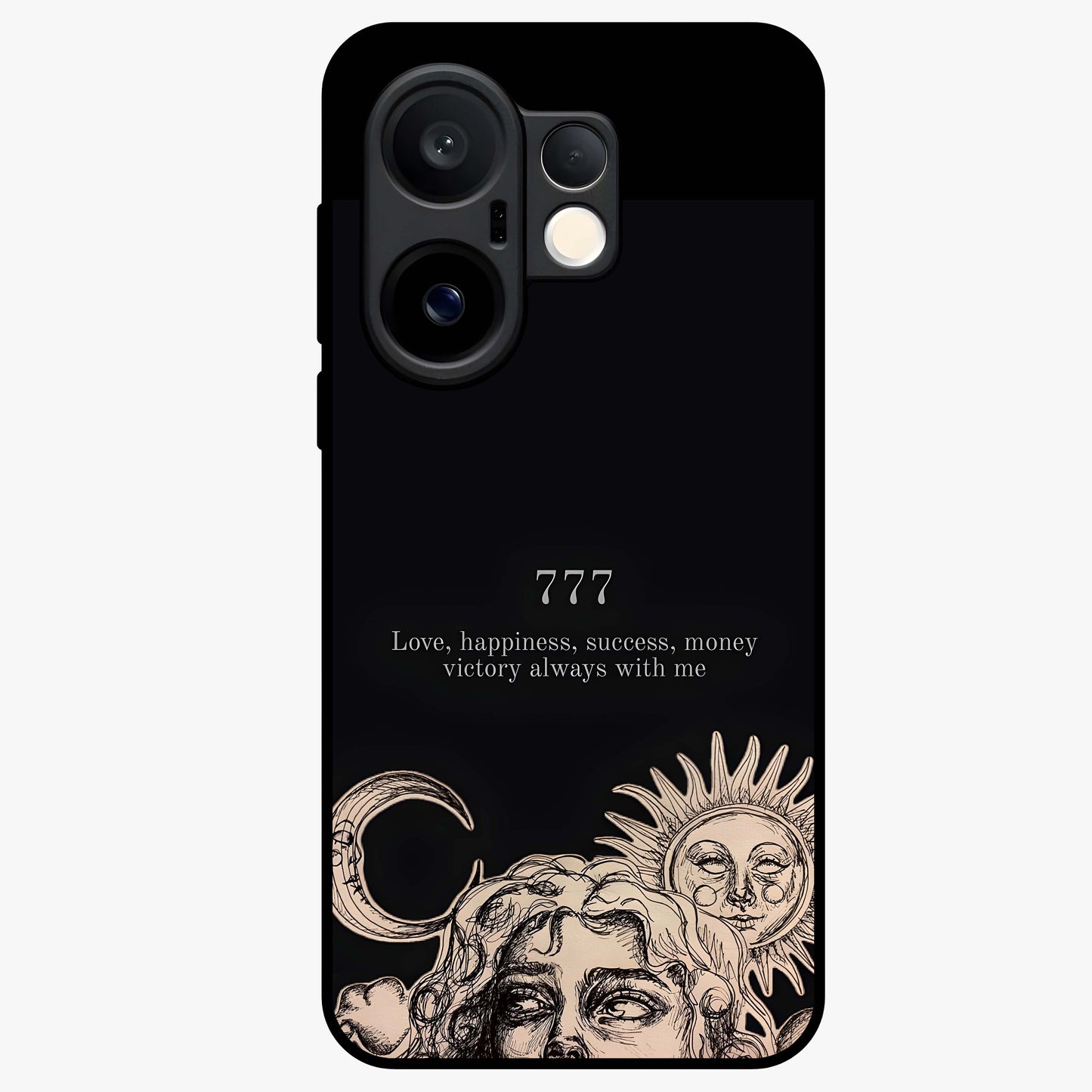 Mystic Victory Aura Glass Case showing flat back view with victory symbol artwork and glossy glass finish.