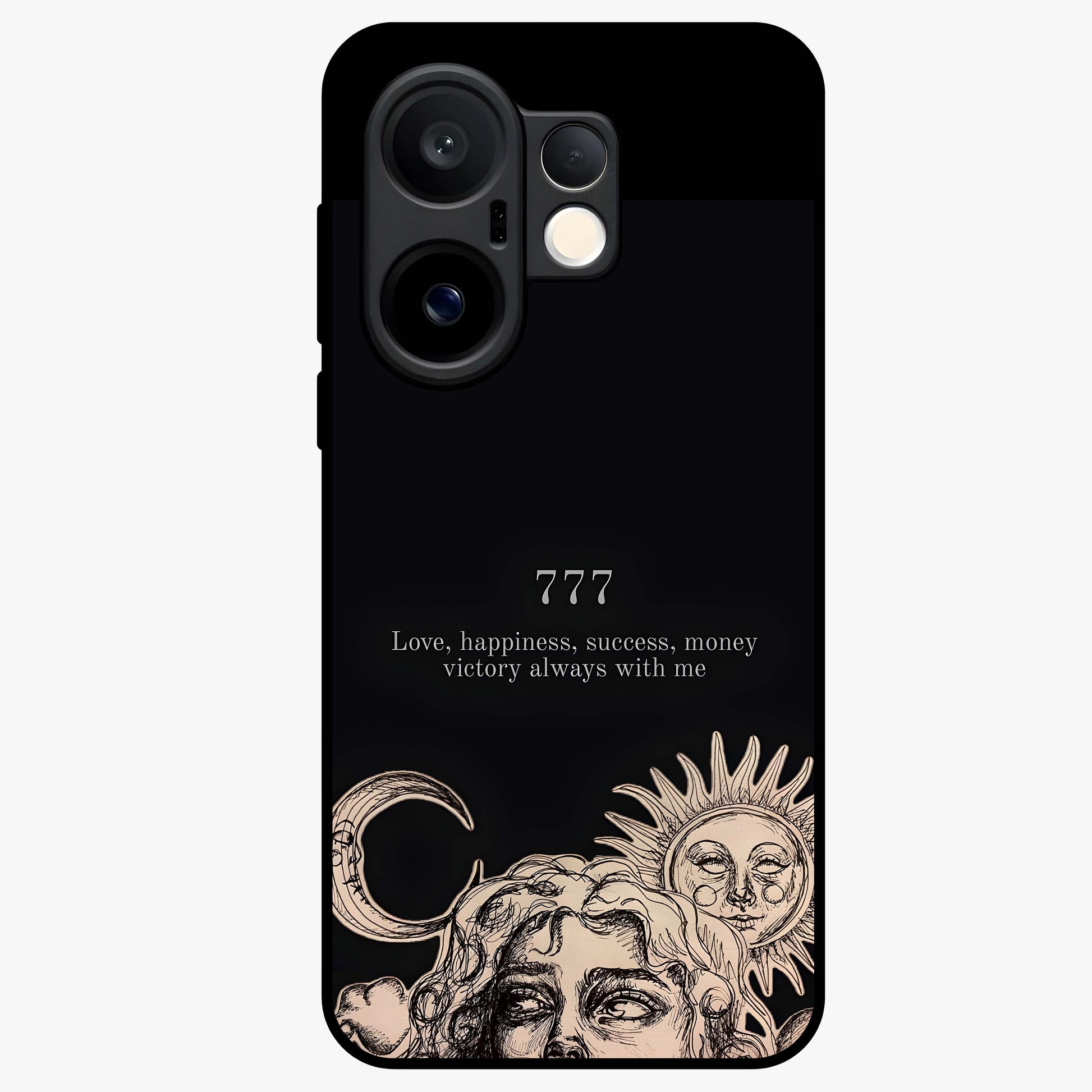 Mystic Victory Aura Glass Case showing flat back view with victory symbol artwork and glossy glass finish.