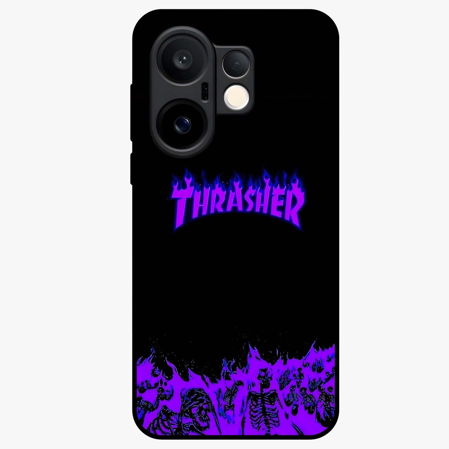 Neon Flame Riot Glass Case showing flat back view with neon flame artwork and glossy glass finish.