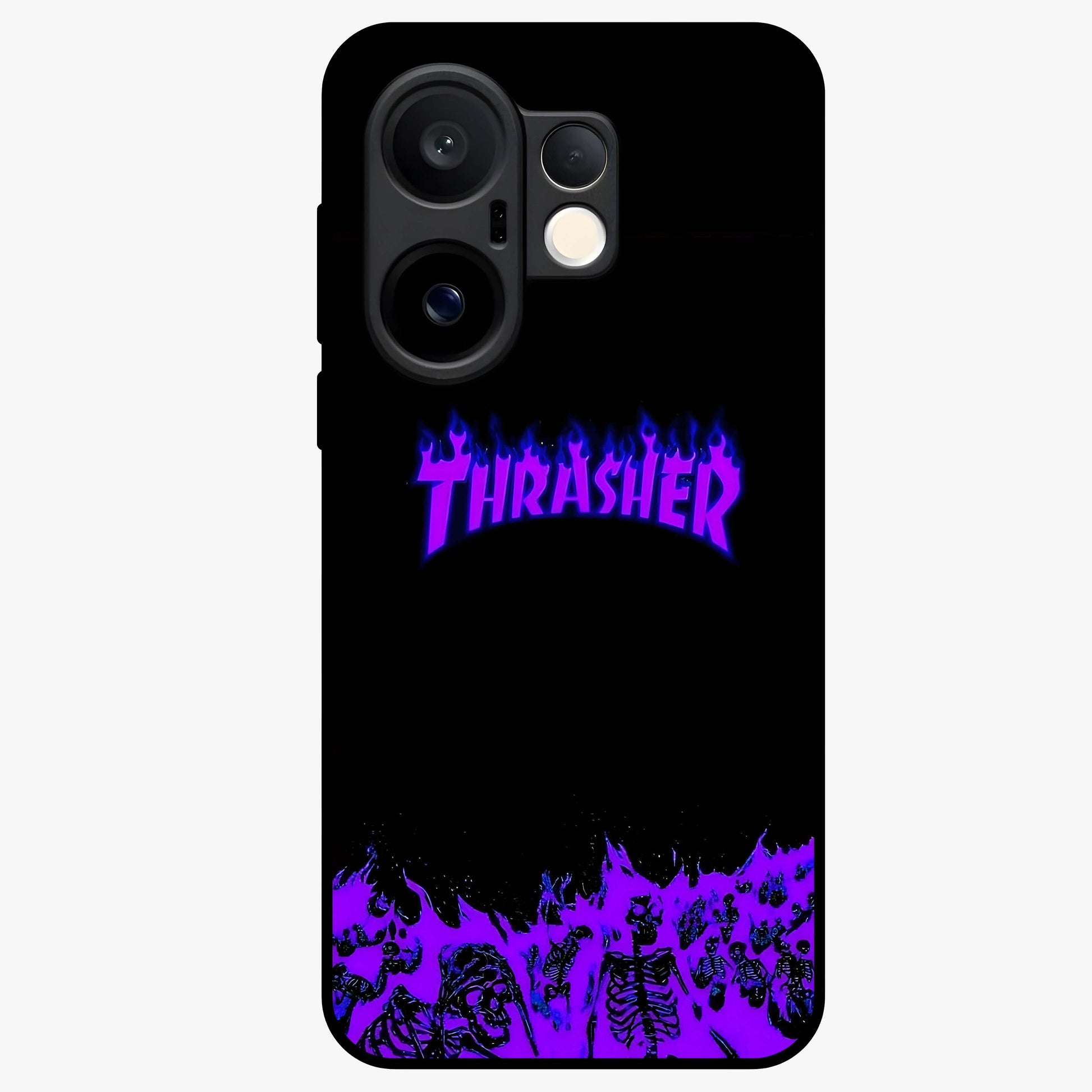 Neon Flame Riot Glass Case showing flat back view with neon flame artwork and glossy glass finish.