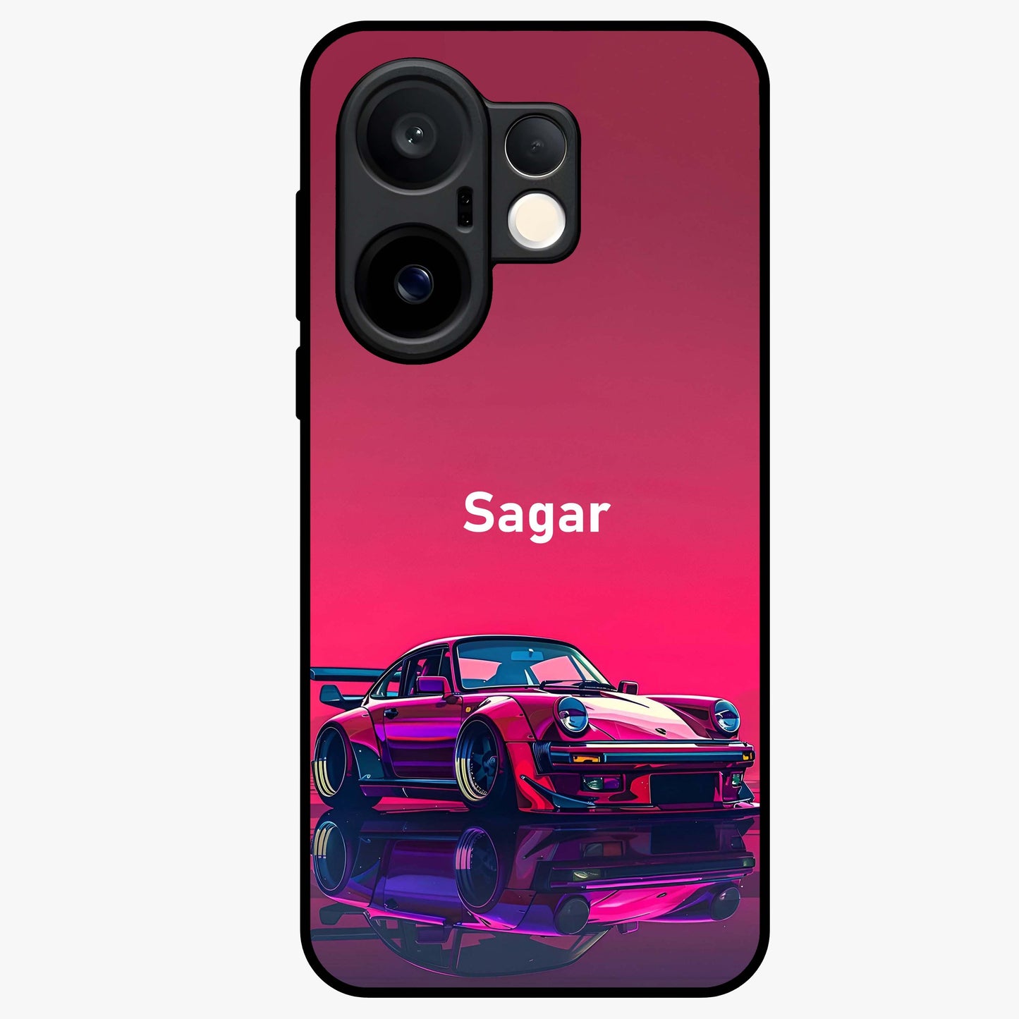 Neon Pink Porsche Glass Case showing flat back view with stylish sports car artwork and glossy glass finish.