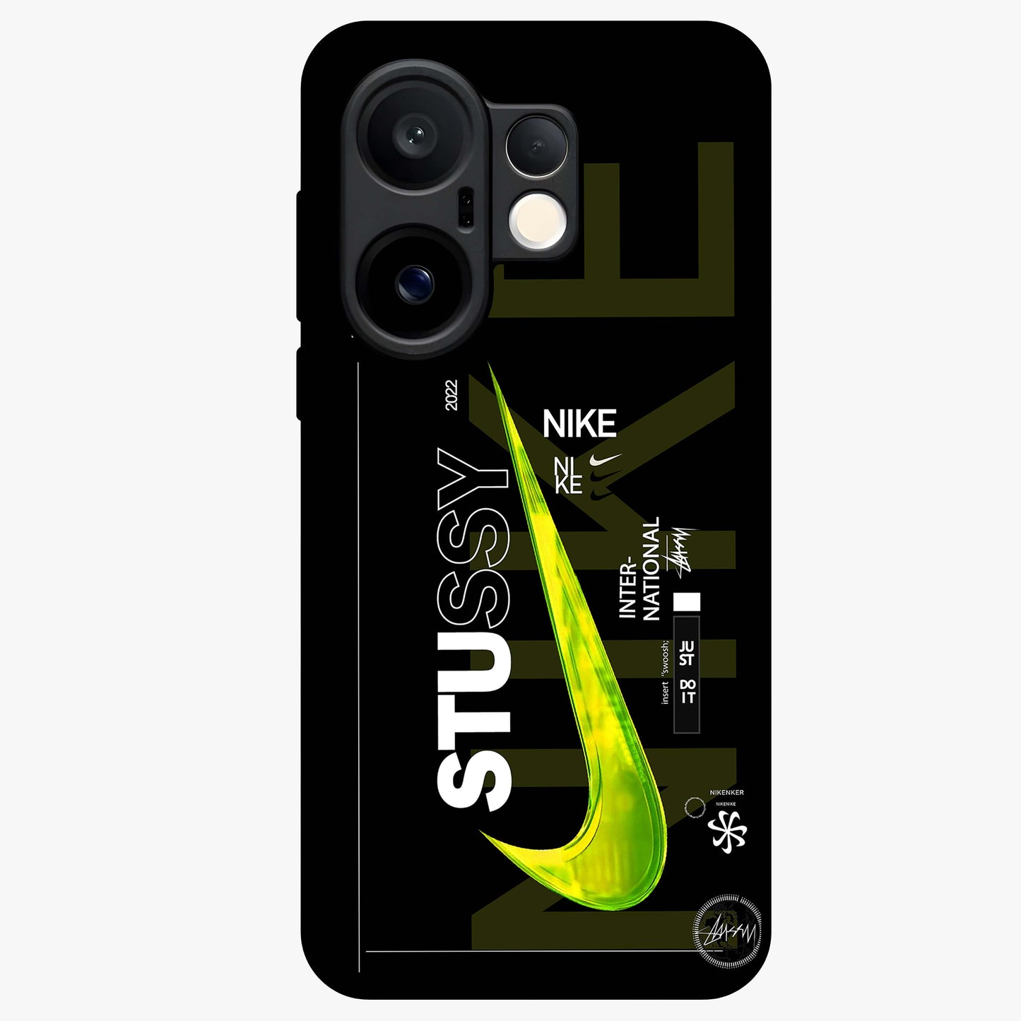 Neon Street Edition Glass Case showing flat back view with neon street style artwork and glossy glass finish.