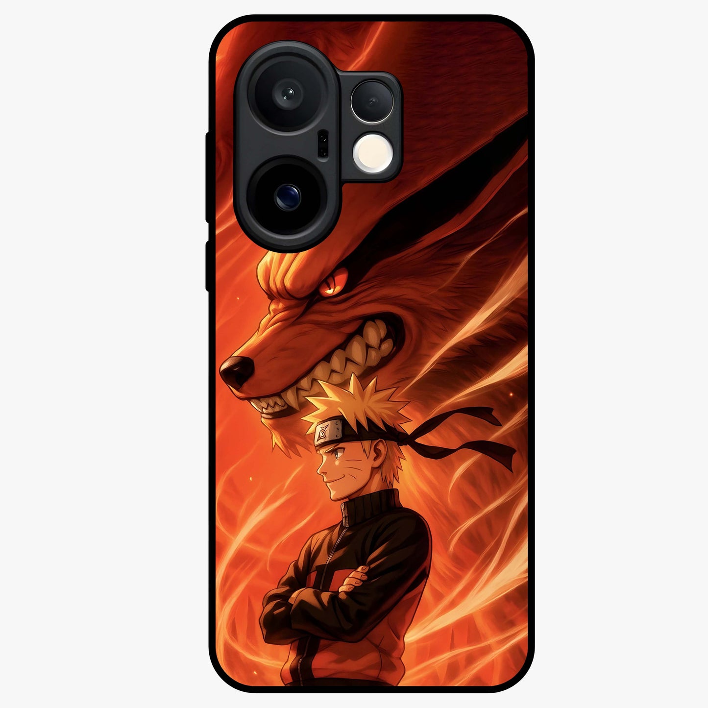 Nine Tails Legacy Glass Case showing flat back view with powerful nine-tailed fox inspired artwork and glossy glass finish.