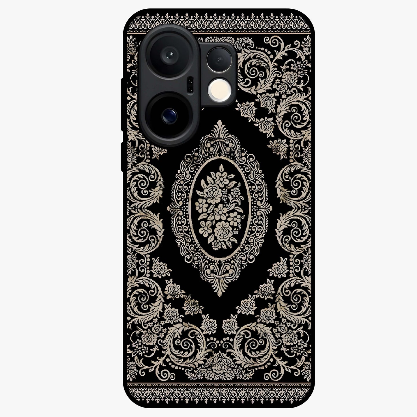 Noir Bloom Elegance Glass Case showing flat back view with elegant dark floral artwork and glossy glass finish.