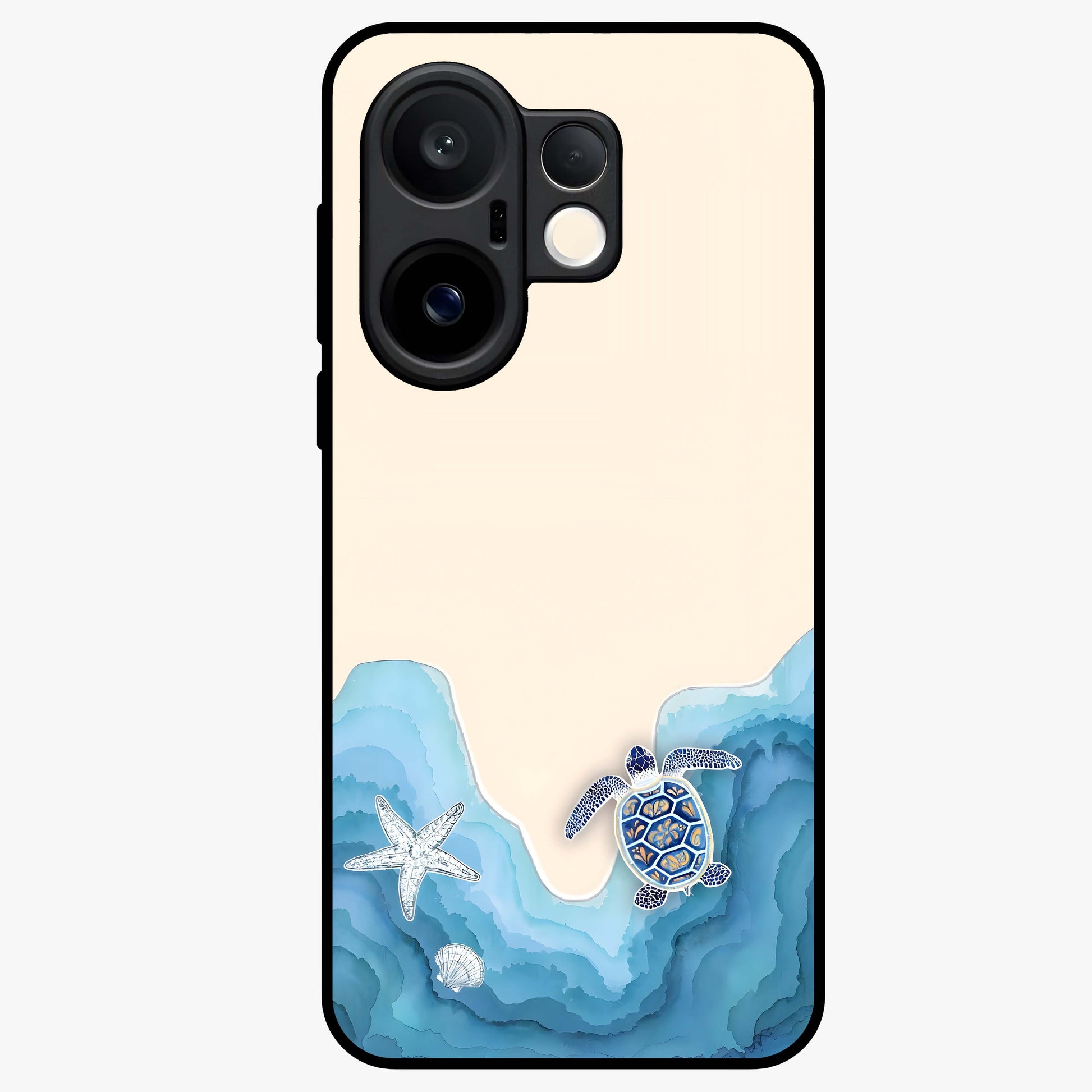 Ocean Drift Turtle Glass Case showing flat back view with sea turtle artwork and glossy glass finish.