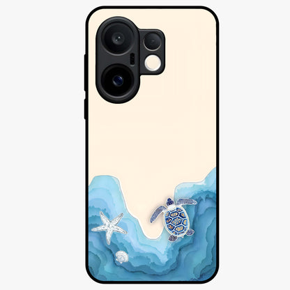 Ocean Drift Turtle Glass Case showing flat back view with sea turtle artwork and glossy glass finish.