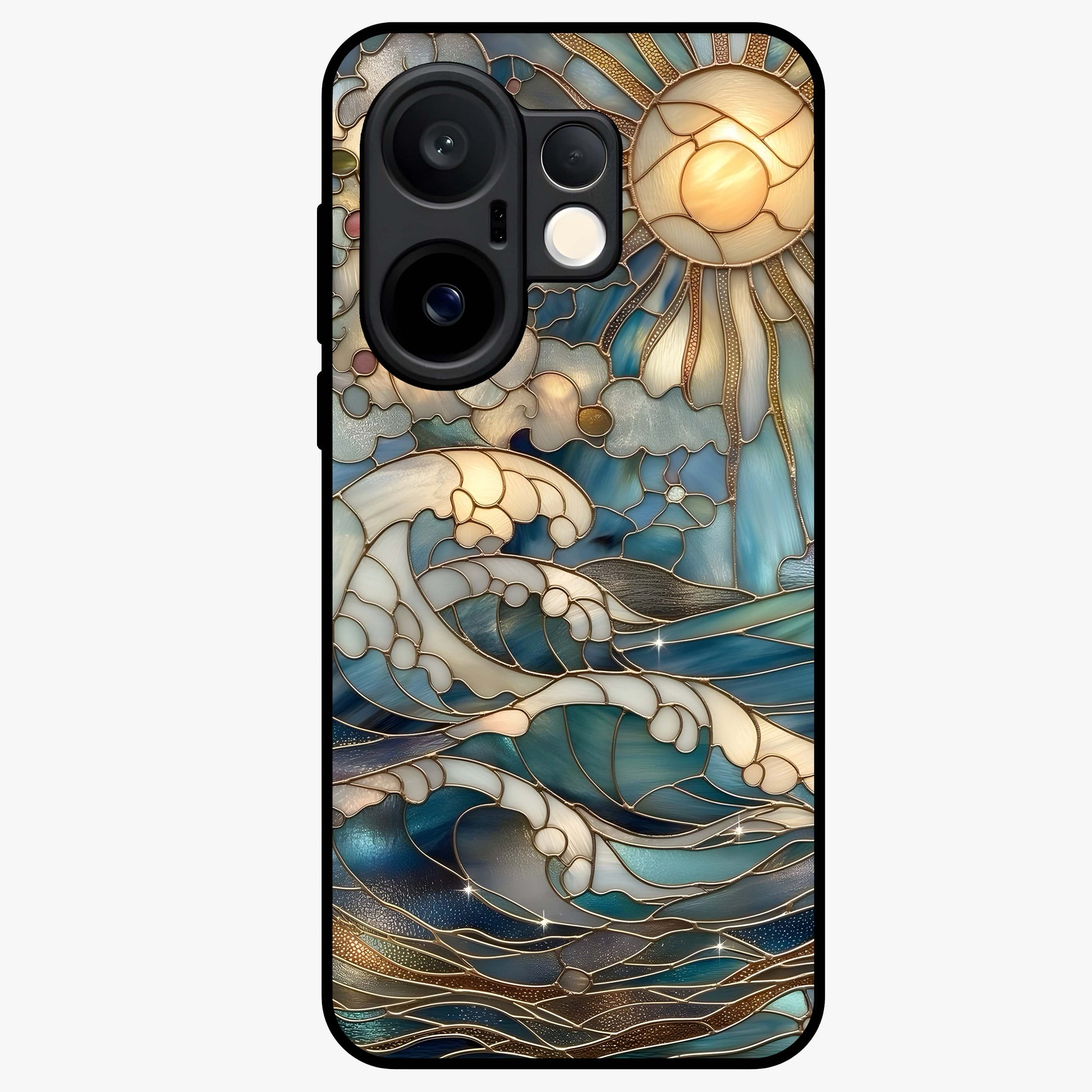 Oceanic Stained Printed Glass Case showing flat back view with ocean inspired stained pattern artwork and glossy glass finish.