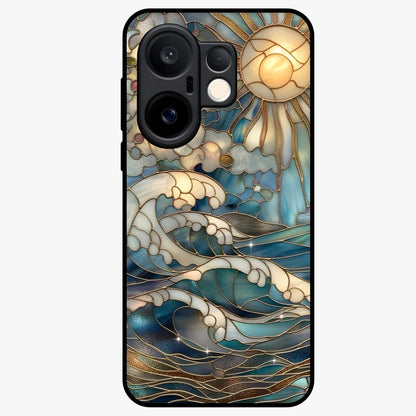 Oceanic Stained Printed Glass Case showing flat back view with ocean inspired stained pattern artwork and glossy glass finish.