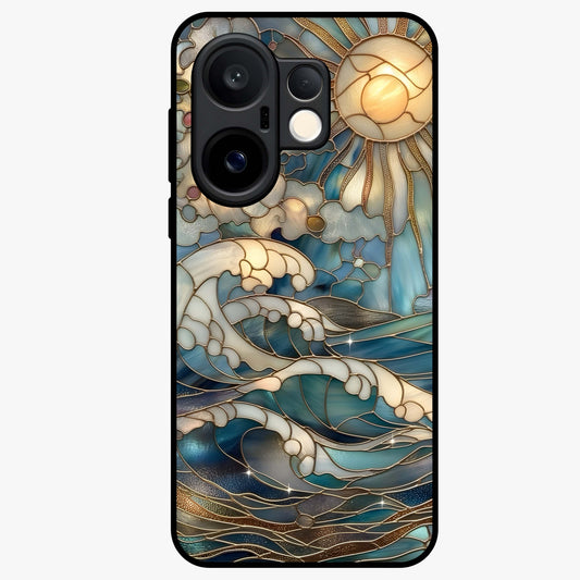 Oceanic Stained Printed Glass Case showing flat back view with ocean inspired stained pattern artwork and glossy glass finish.
