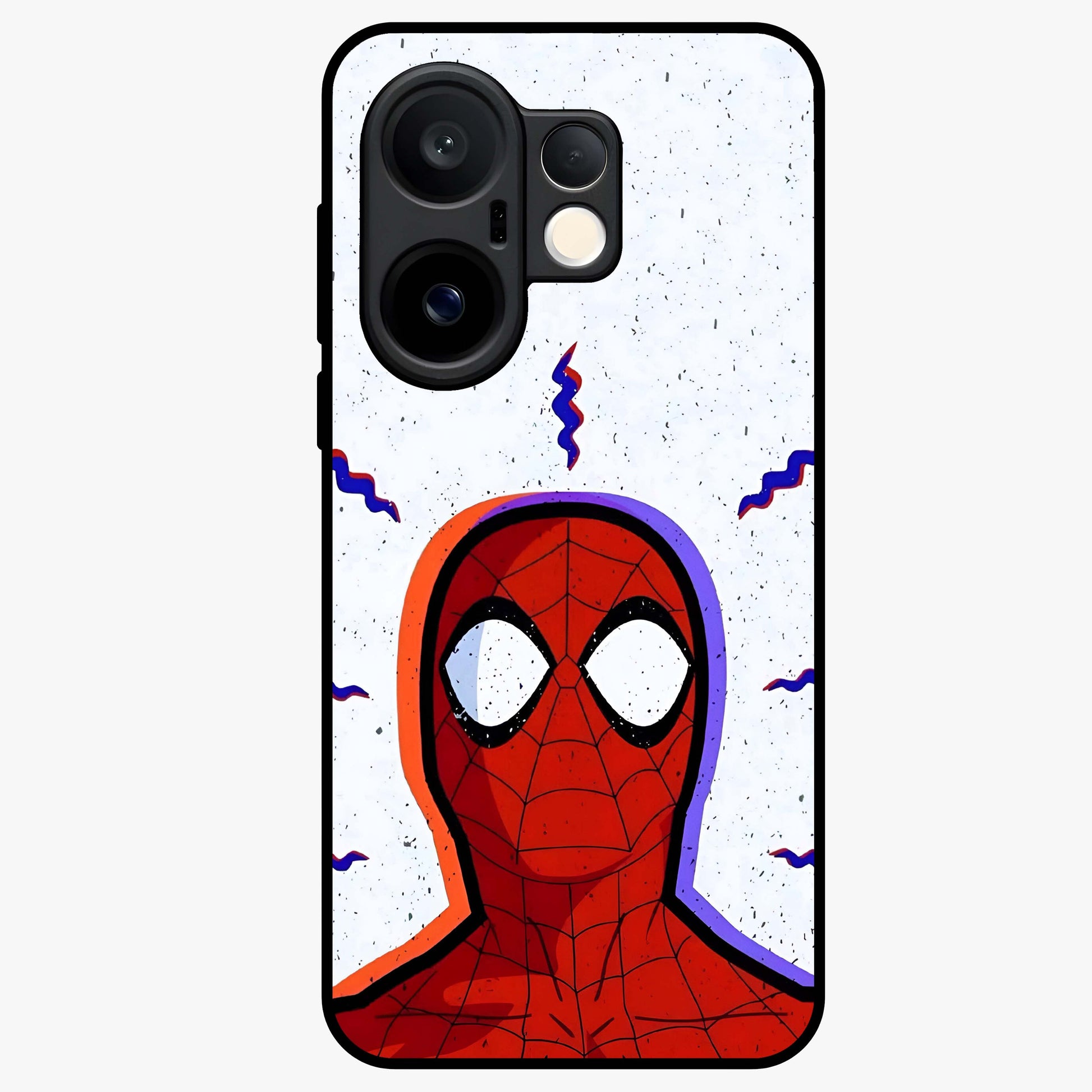Omg Spiderman Glass Case showing flat back view with bold superhero inspired artwork and glossy glass finish.