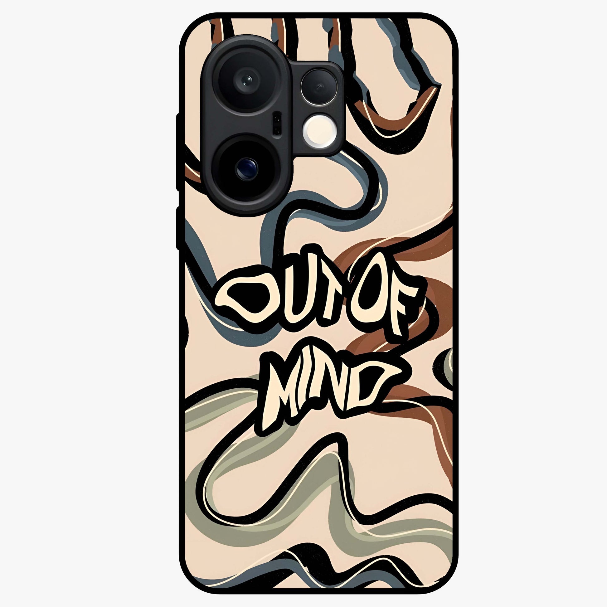 Out Of Mind Glass Case showing flat back view with expressive typography artwork and glossy glass finish.