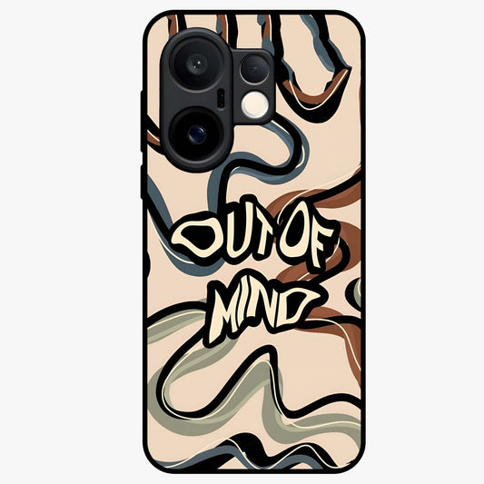 Out Of Mind Glass Case showing flat back view with expressive typography artwork and glossy glass finish.