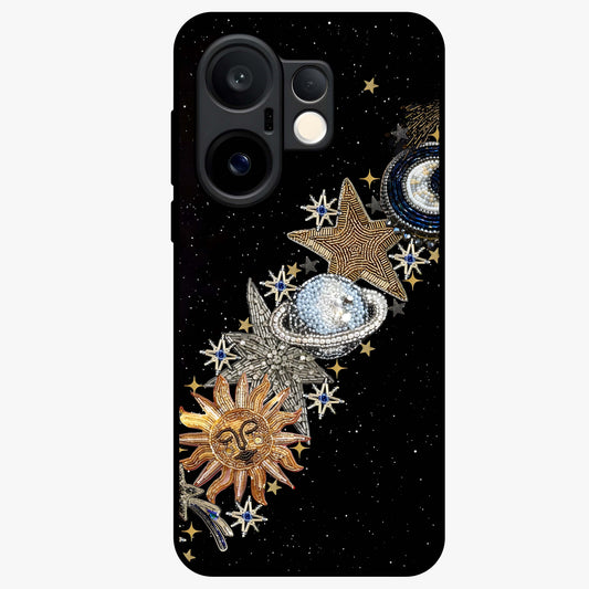 Pearls Universe Object Glass Case showing flat back view with pearl inspired cosmic artwork and glossy glass finish.