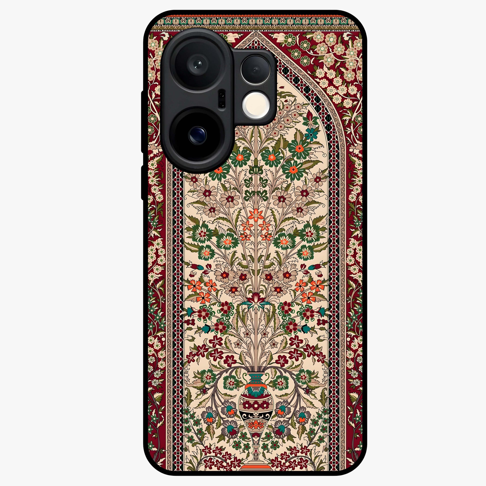Persian Inspired Glass Case showing flat back view with ornate Persian style pattern artwork and glossy glass finish.