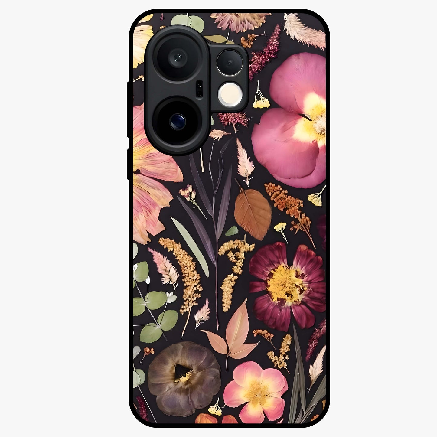 Petal Dream Tapestry Glass Case showing flat back view with intricate floral tapestry artwork and glossy glass finish.